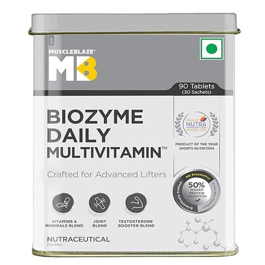 MuscleBlaze Biozyme Daily Multivitamin, 5-in-1 Supplement with Vitamins, Minerals, Joint, T-Booster Blend &amp; EAF, 90 tablet(s)