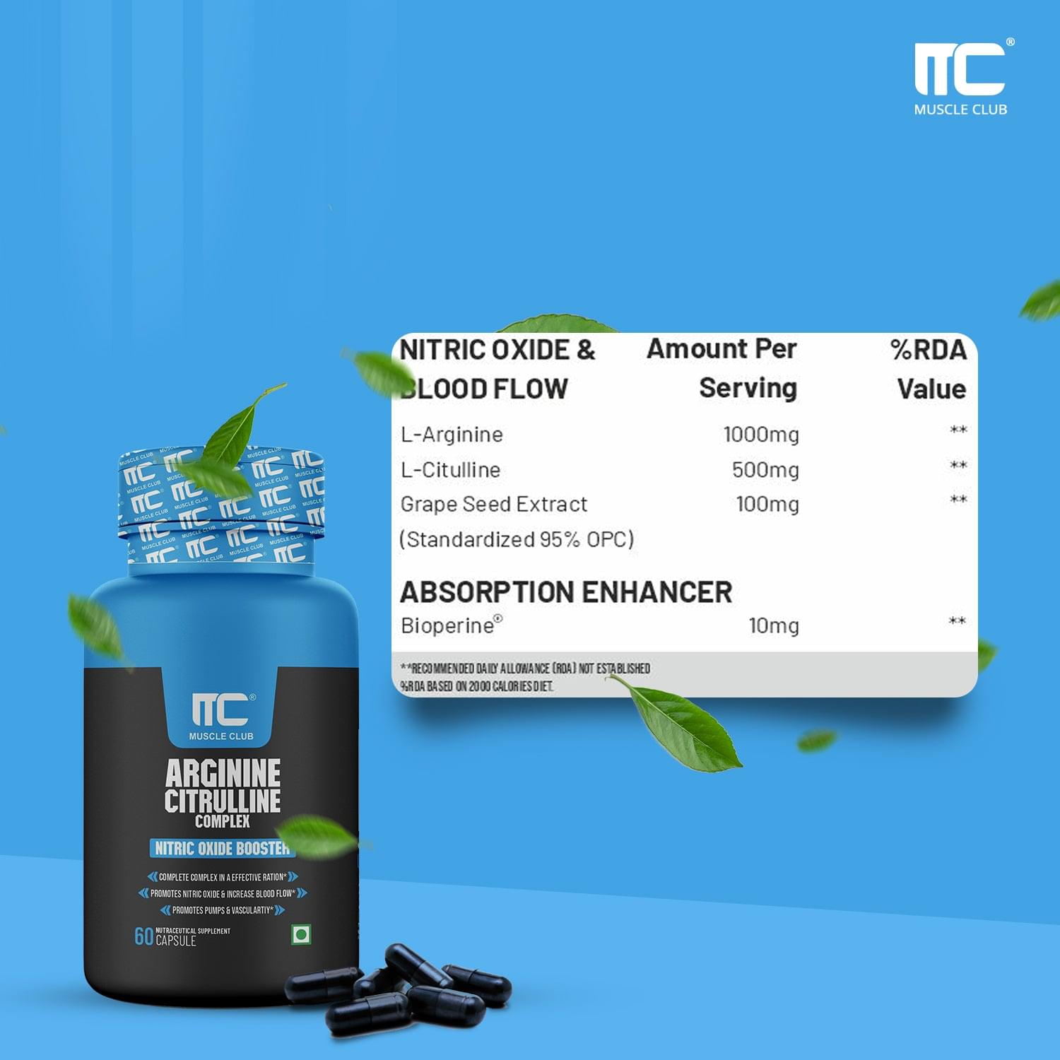 Muscle Club Arginine Citrulline Complex - Nitric Oxide Booster with Grape Seed Extract, 60 Caps - Image 4